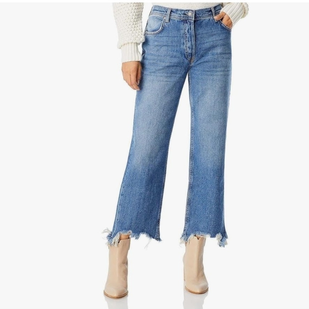 Free People Blue Straight Leg Jeans with Frayed Hem